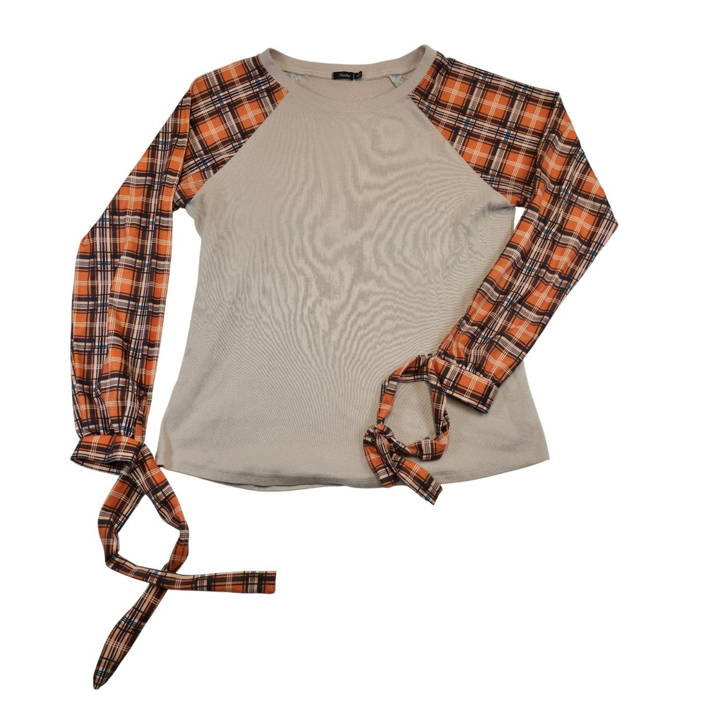 Famulily Long Sleeve Plaid Raglan Top Women M Beige Orange Tie Cuffs